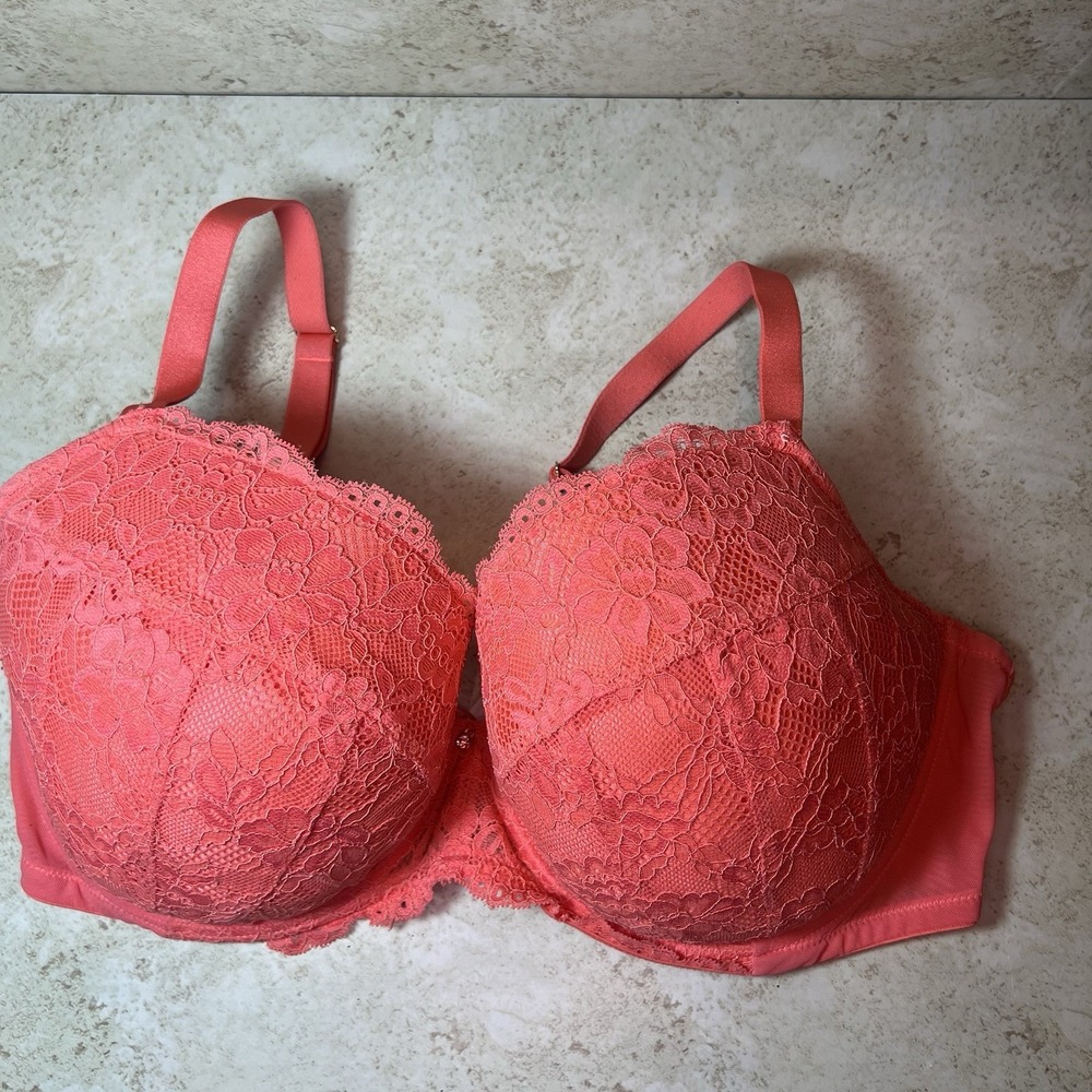 Ann‎ Summers 36H Orange Lace Plunge Balconette 3 Part Cup Mesh Back UW Bra EUC